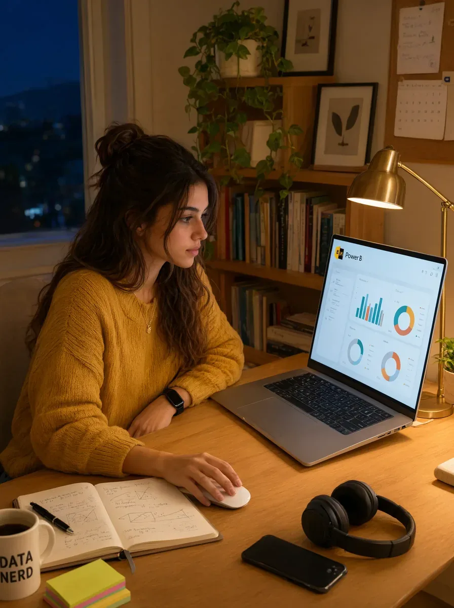 Participante siguiendo una clase en vivo de Power BI desde casa, con el panel de informes abierto en la laptop y apuntes a mano.
