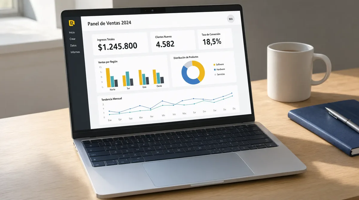 Panel de ventas en Power BI sobre una laptop: ingresos totales, clientes nuevos, tasa de conversión, ventas por región y tendencia mensual.